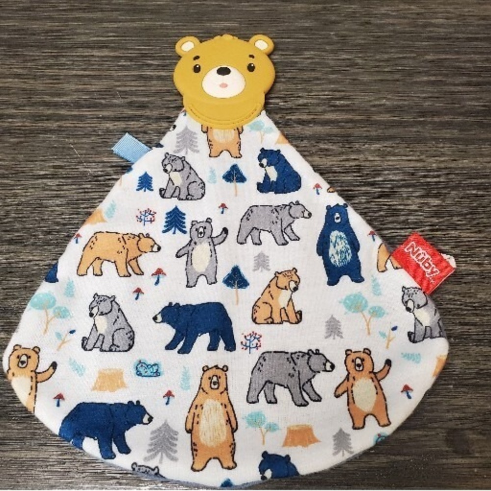 Nuby Teething Blanket Minky Lovey with Silicone Bear Teether 0+ Months Camping